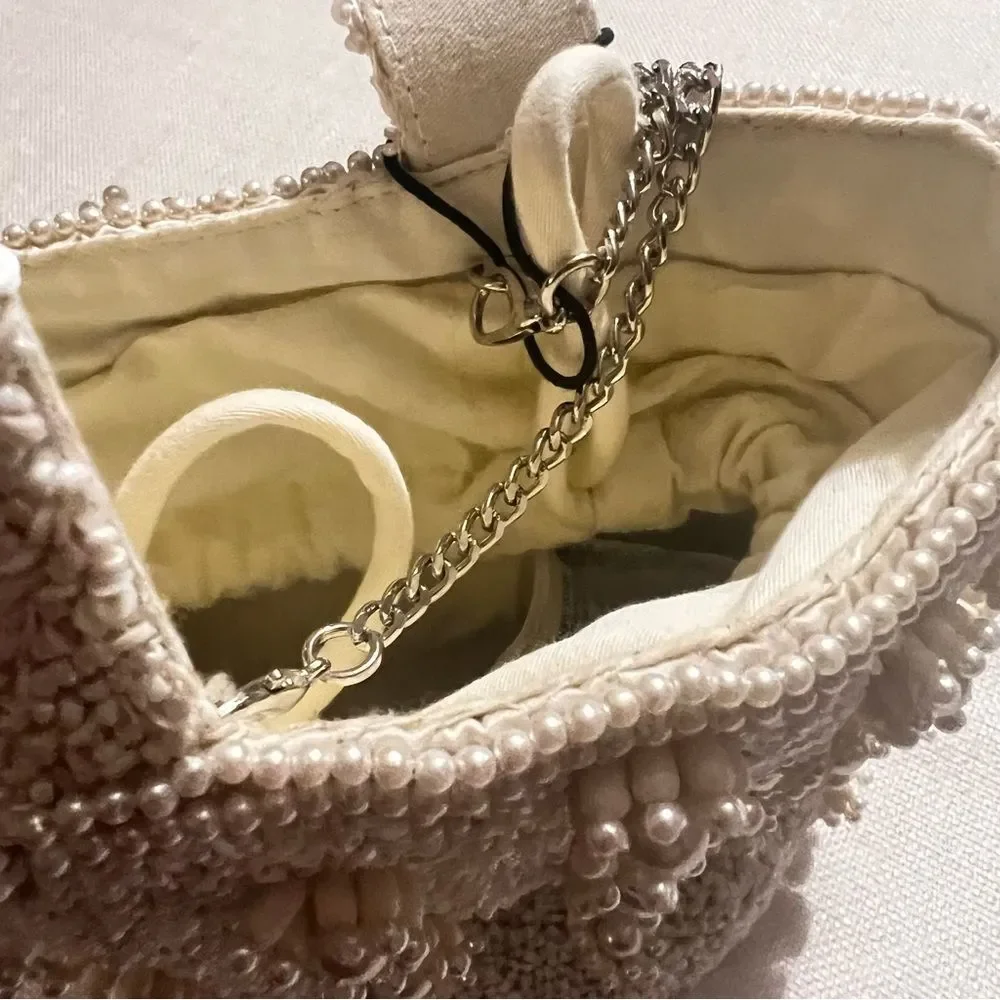 Zara Pearl Beaded Bucket Bag, Top Handle & Shoulder Chain Strap NWOT